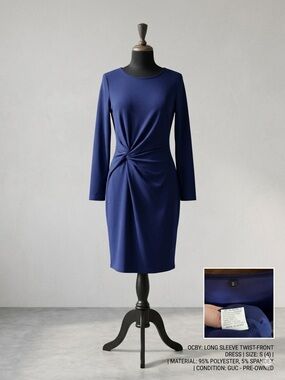 Classic Navy Twist-Waist Long Sleeve Dress